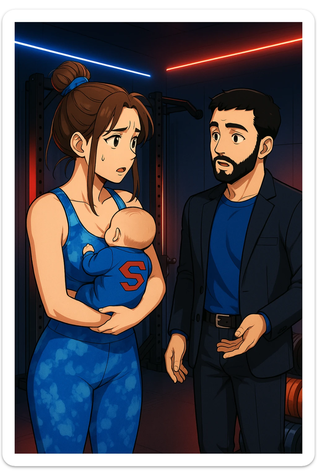 ispirati a questo stile di disegno e fai questa immagine in versione manga/webtoon a colori, il manga mostra la donna preoccupata con un neonato in braccio con una tutina azzurra e la scritta "S" sulla schiena, la donna gli sta facendo una domanda all'uomo, ma non fare i fumetti, fai come se stessero parlando sticker