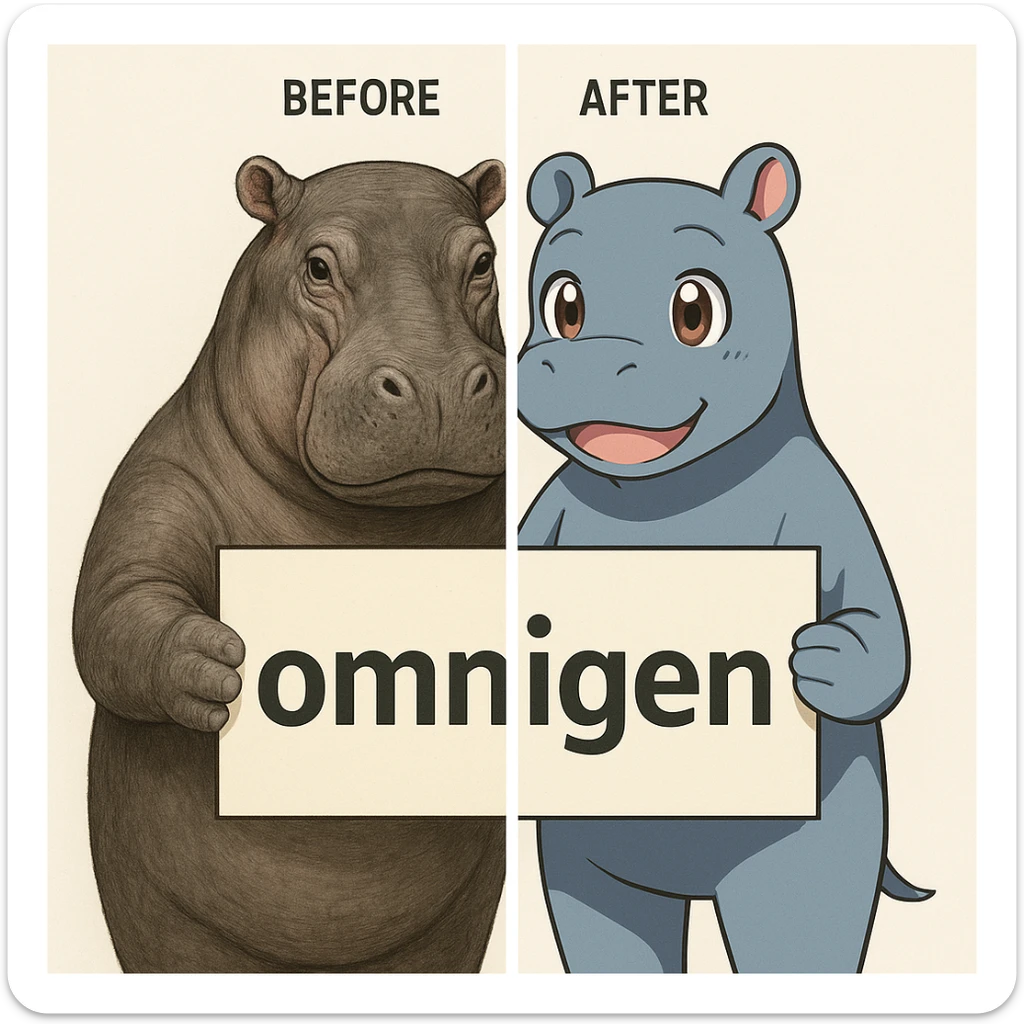 two hippo holding sign of omnigen, half picture 1 hippo is realistic another half is the anime of that same second hippo, with before after mark sticker