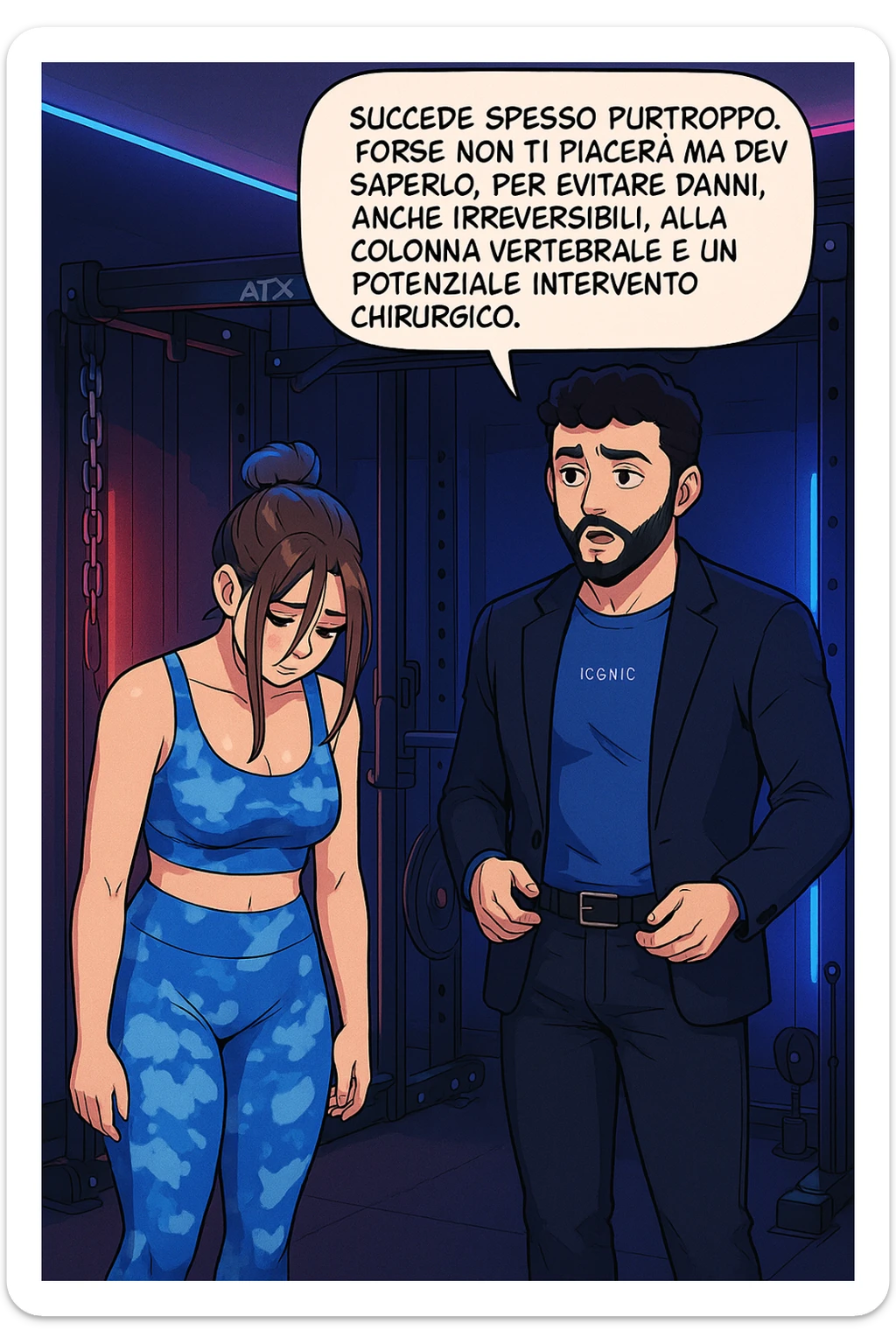 fai questa immagine in versione fumetto/manga/webtoon a colori, il manga mostra l'uomo che risponde alla donne:
Succede spesso purtroppo. 
Forse non ti piacerà ma devi saperlo, per evitare danni, anche irreversibili, alla colonna vertebrale e un potenziale intervento chirurgico. sticker