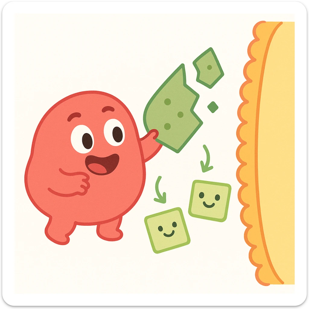 Ultra-detailed emoji-style illustration of enzyme digestion: Red amylase breaking green starch into sugars near a yellow cell membrane. Clean white background, no text. Scientific but simple sticker