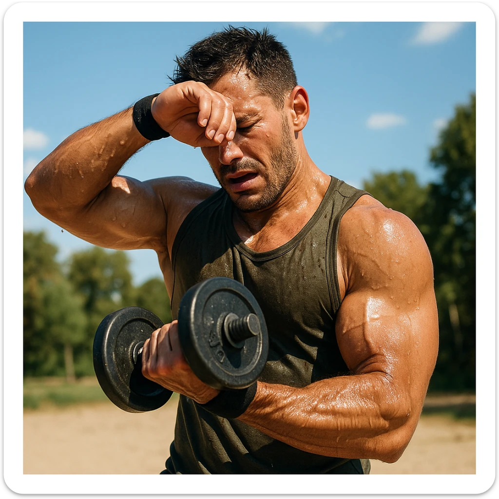uomo fitness che si allena in estate, tutto sudato, con una mano fa un curl manubri mentre con l'altra mano si asciuga il sudore dalla fronte, espressione affaticata in volto sticker
