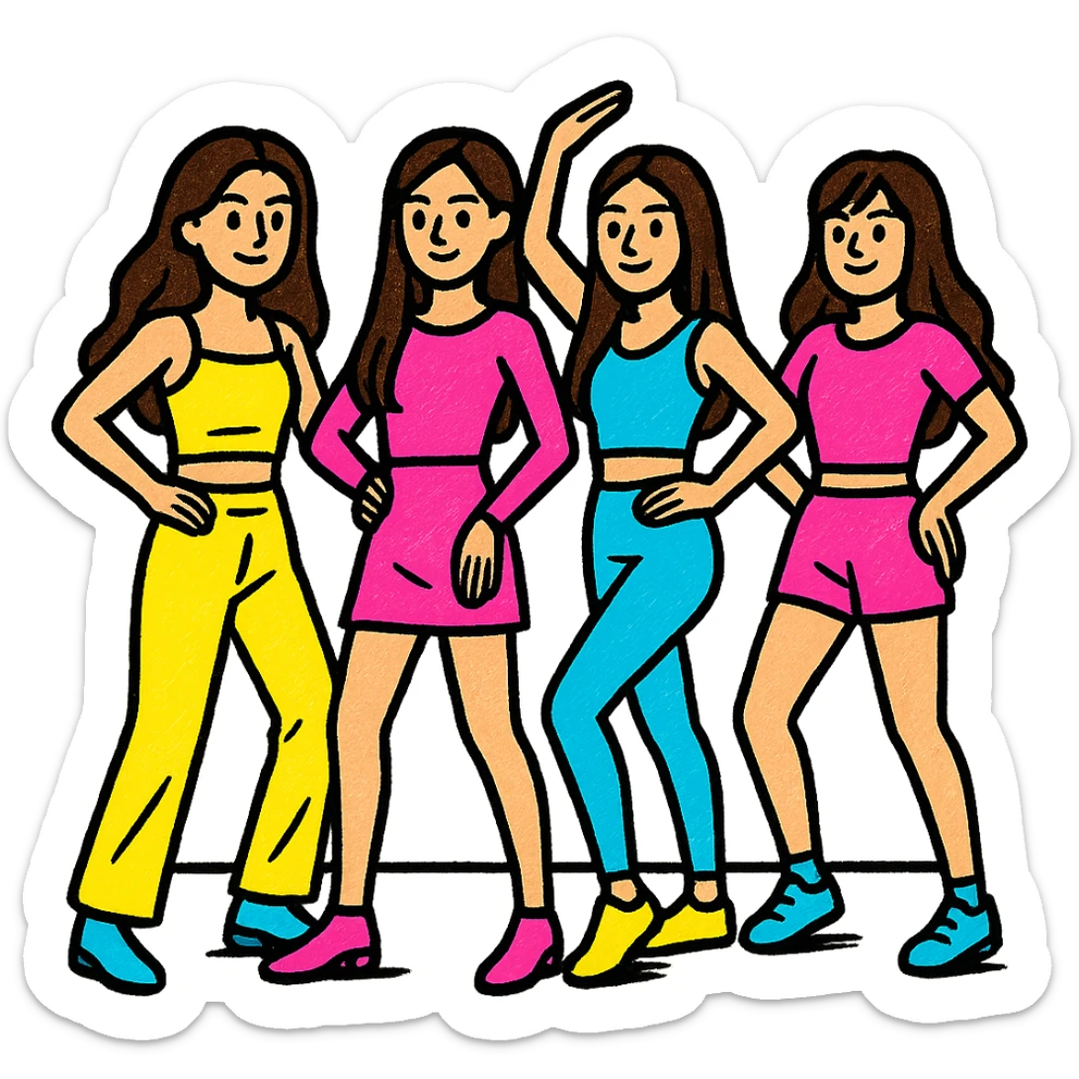 beautiful skinny women with long dark brown hair, kpop girl group at dance practice, sleek outfits, synchronized dance, studio setting, pop colors style sticker