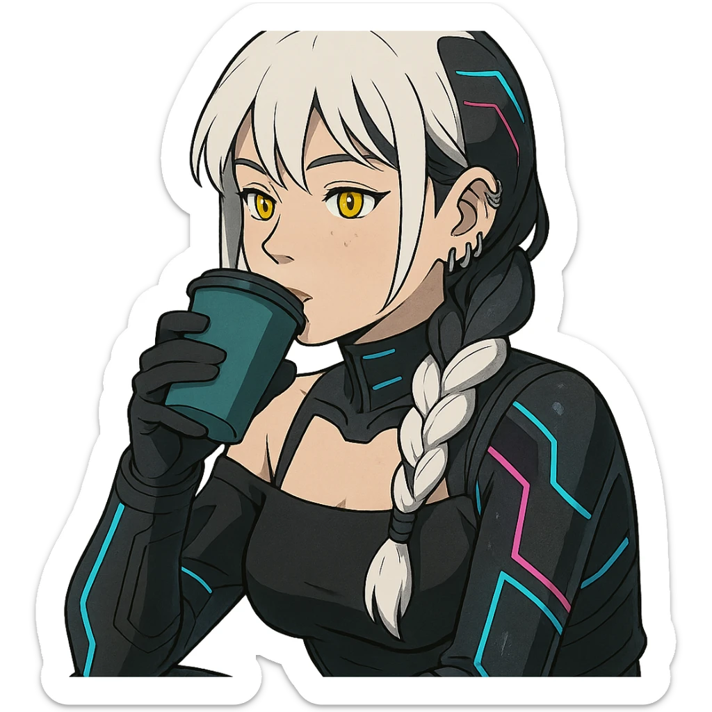  she is sipping a delicious tea drink, a closeup portrait of young woman with gold yellow eyes, white hair, long braid, black off-shoulder top d-cup, punk gothic style, futuristic cyberwave cyberpunk, sitting position
 sticker