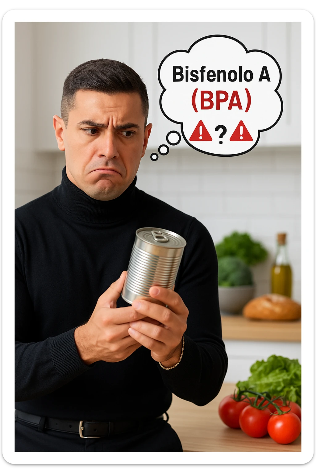un uomo in cucina tiene in mano una lattina di cibo in scatola, osservandola con un’espressione preoccupata e scettica. Sopra la lattina, una nuvoletta di pensiero mostra la scritta “Bisfenolo A (BPA)” evidenziata in rosso, insieme a simboli di allarme o un punto interrogativo. Sullo sfondo, alimenti freschi e naturali sono visibili sul tavolo, sottolineando la sua preferenza per alternative più sane. sticker