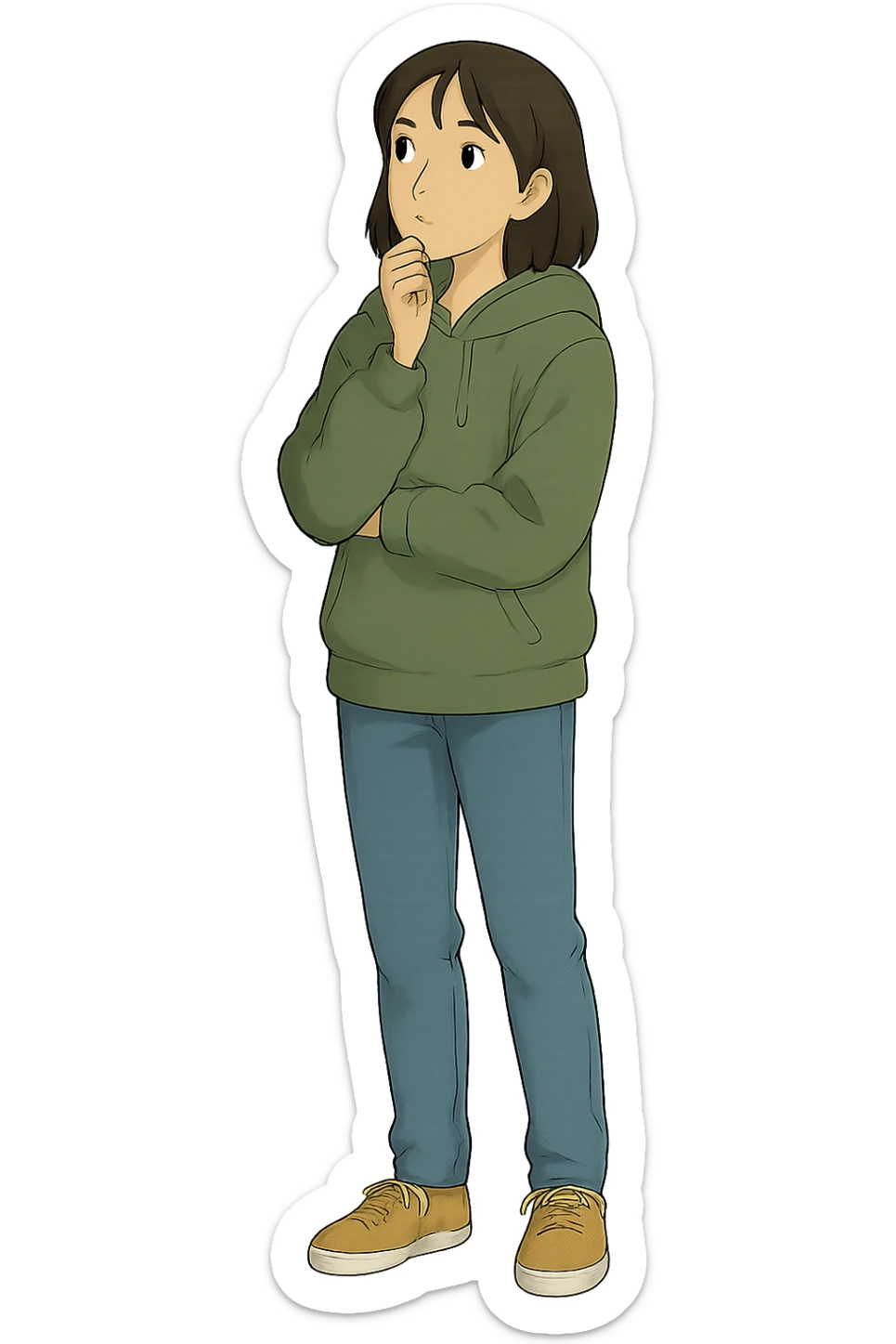 A full body image of a modern calm female teenager in a hoodie and jeans thinking sticker