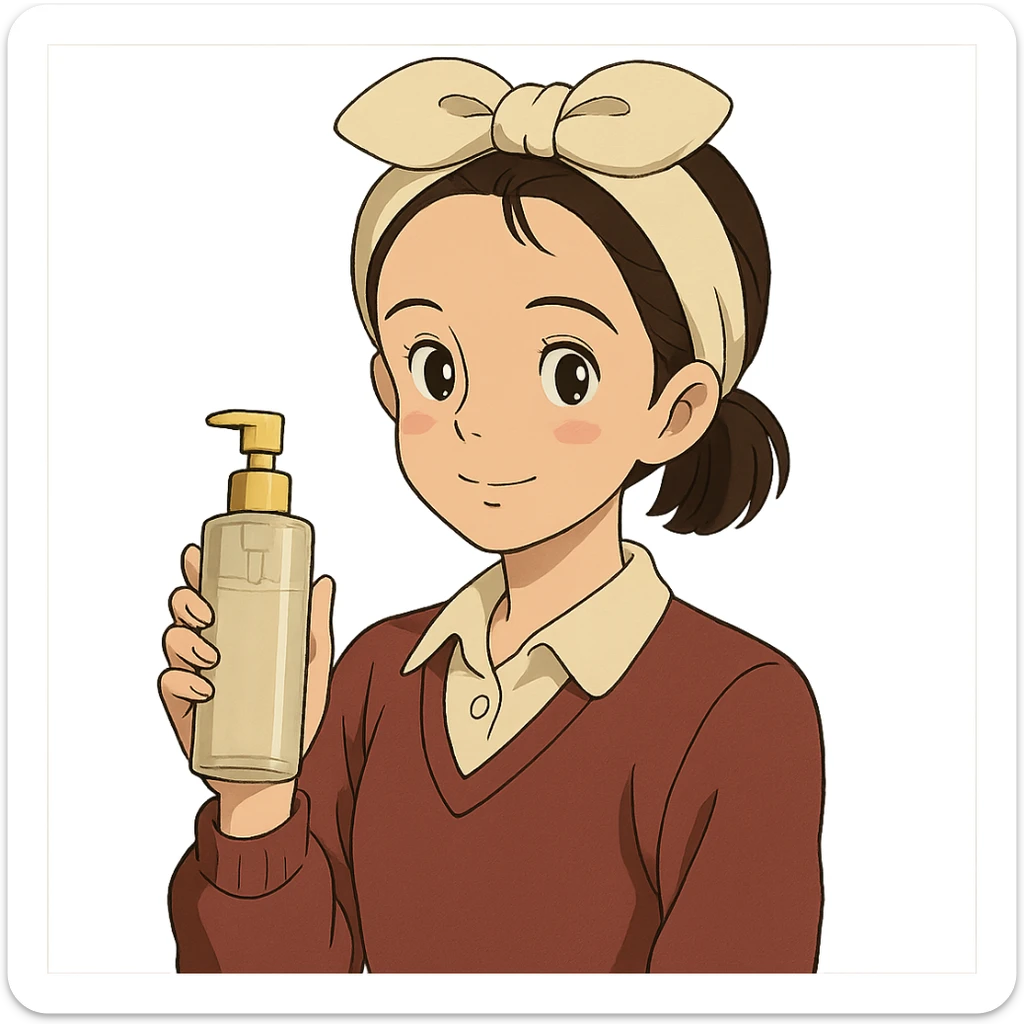 preppy girl with a towel headband, holding skincare bottle sticker