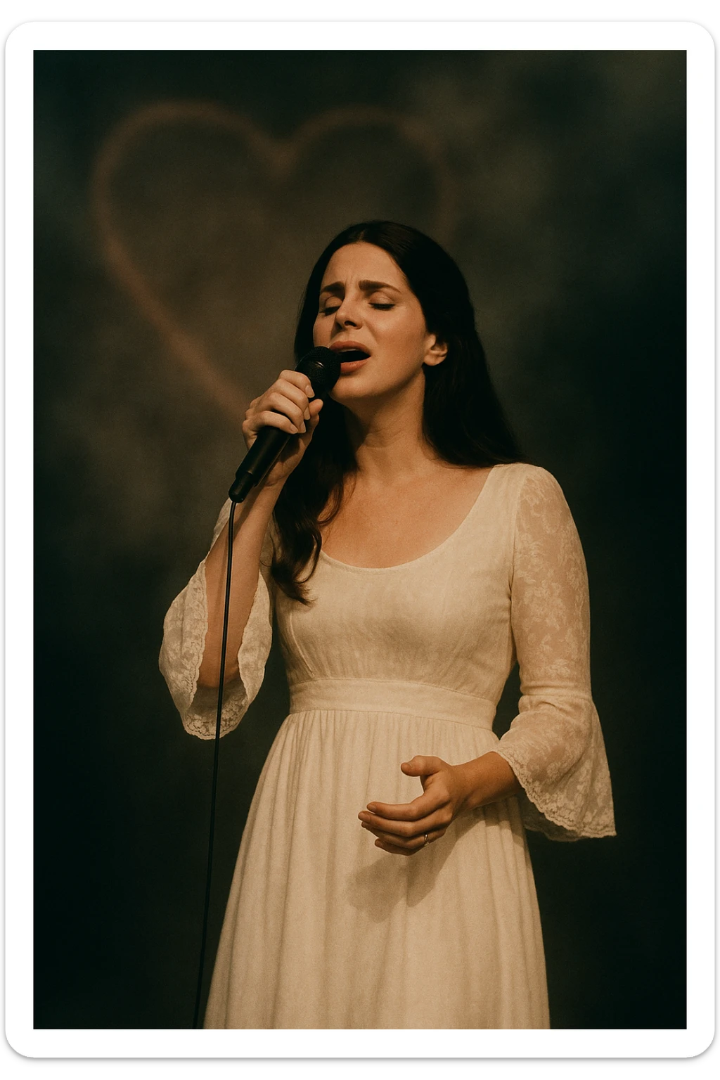 Lana Del Rey on stage in a white dress, microphone in hand, singing with emotion, faint heart-shaped box imagery in the background, cinematic and atmospheric style sticker