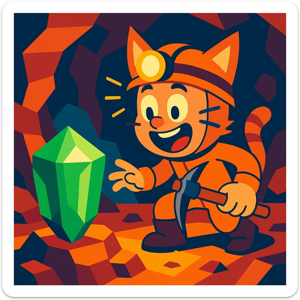 A miner wearing a cat costume, amazed by a huge emerald at y -255, fun and adventurous atmosphere. sticker