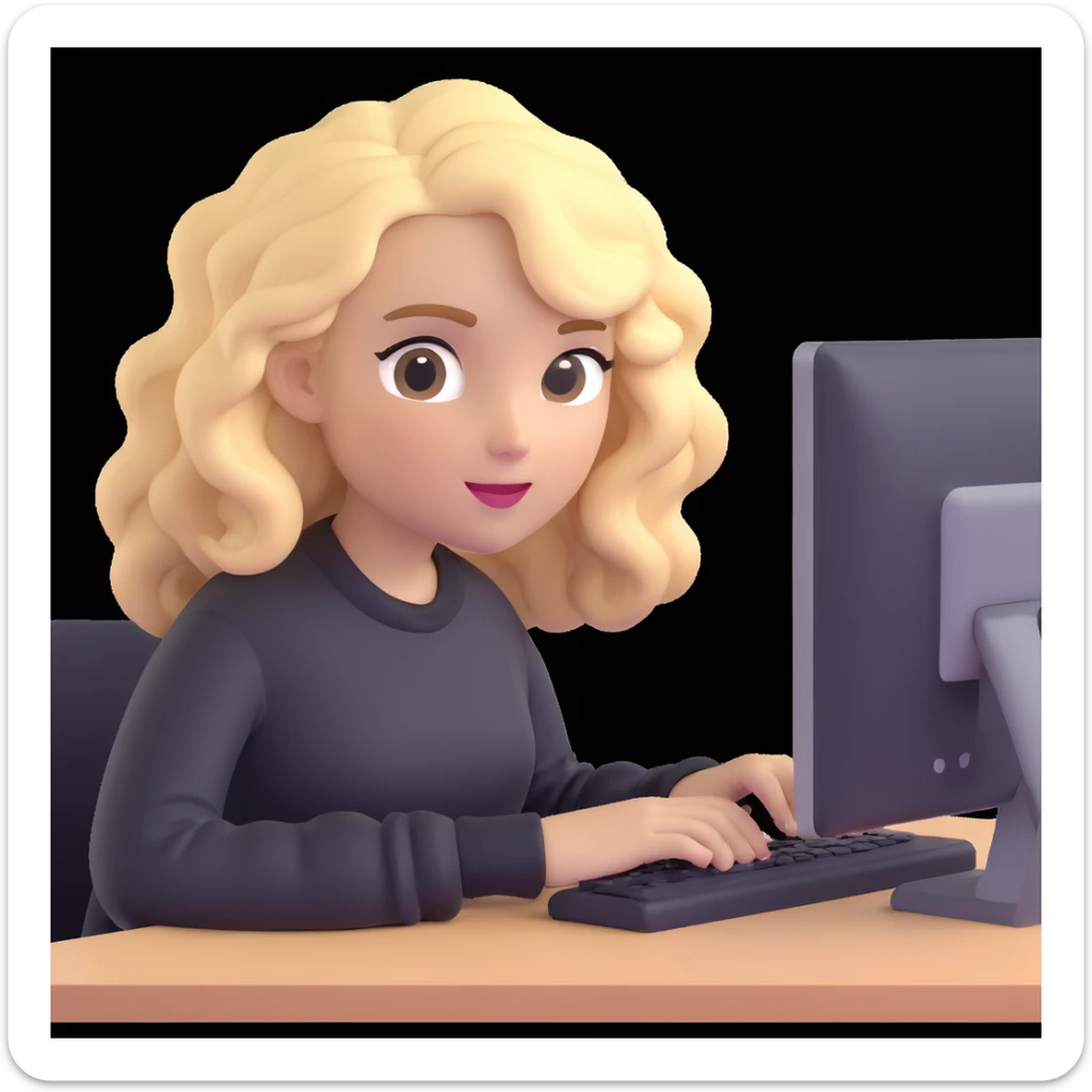 brown-eyed blonde young woman with wavy hair, wearing a black sweater, working on a computer in a cozy office sticker