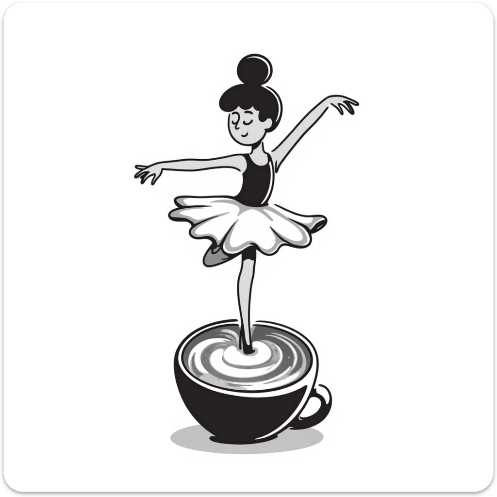 Elegant ballerina dancer formed from cappuccino foam art, pirouetting on top of coffee sticker