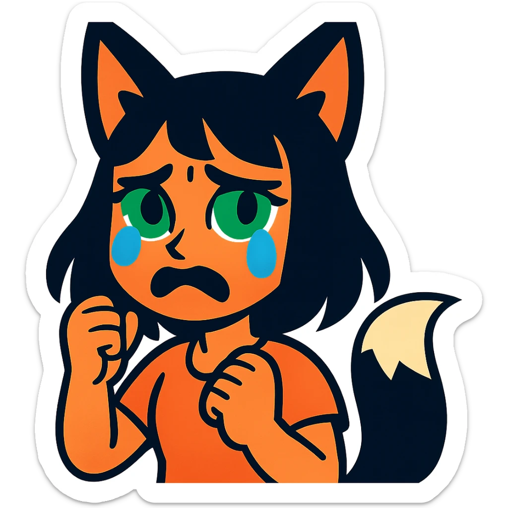 A girl with tears, black fox ears, and a tail, green eyes, dark hair sticker