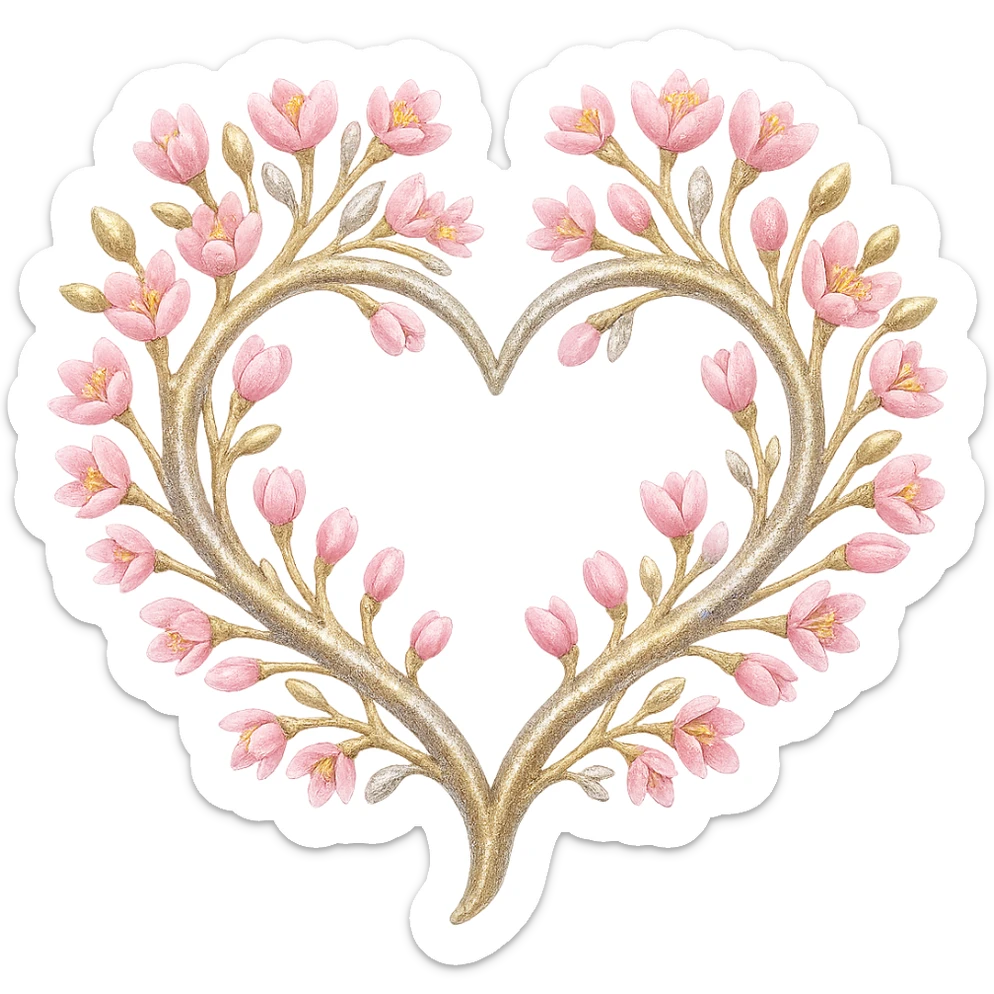 Add a shimmer effect to the gold and silver details on the heart entwined with sakura branches in the style of apple emojis, no background. sticker
