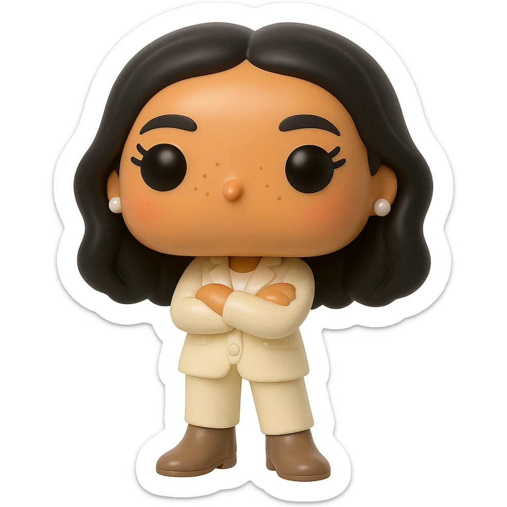 Enhance the vinyl figure in Funko Pop style with superior quality, luminous smooth tanned skin, detailed dark hair, textured feminine cream suit (jacket and pants), small pearly earrings, greige leather boots clearly visible, arms crossed, rosy cheeks, very discreet freckles, eyelashes, mischievous and cheerful expression, no mouth, transparent background. sticker