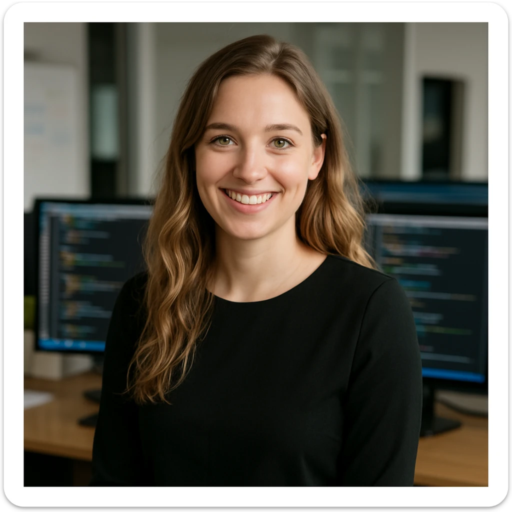 European woman with dark blonde, long beach wavy hair, green eyes, smiling, wearing a black long-sleeved blouse, no chain, no glasses, business setting, software developer, teaching behavior sticker