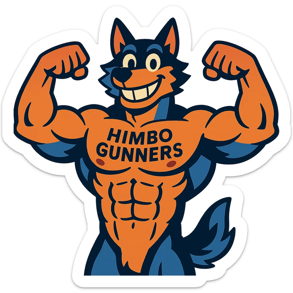 extremely muscular wolf furry, no t-shirt, 'Himbo Gunners' tattooed across his chest, flexing pose, big friendly grin sticker