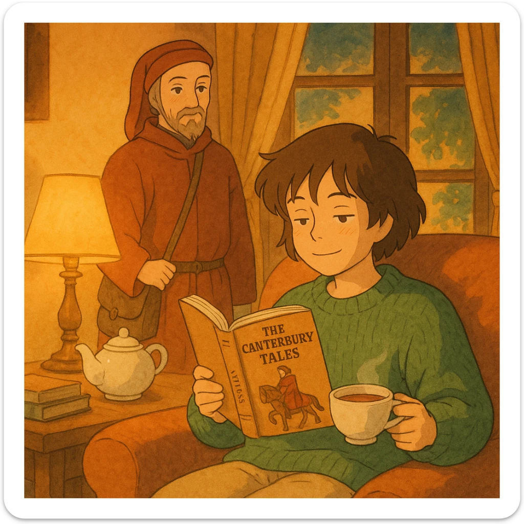 cozy scene of a person reading the Canterbury Tales and drinking tea, Chaucer in medieval attire standing behind, warm lighting sticker
