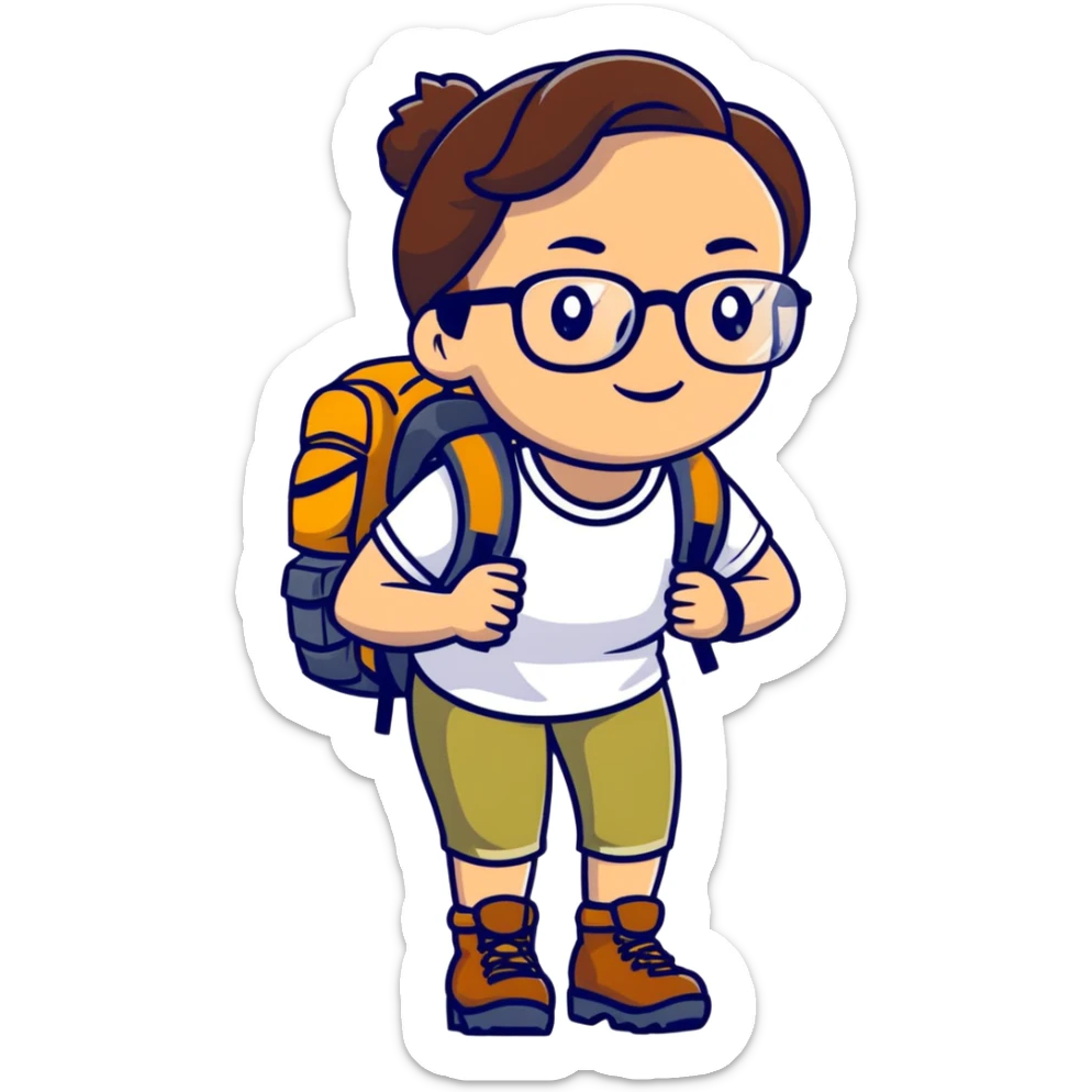Woman in her late 30s with glasses wearing sporty outfit, hiking boots, and backpack looking happy and curious sticker