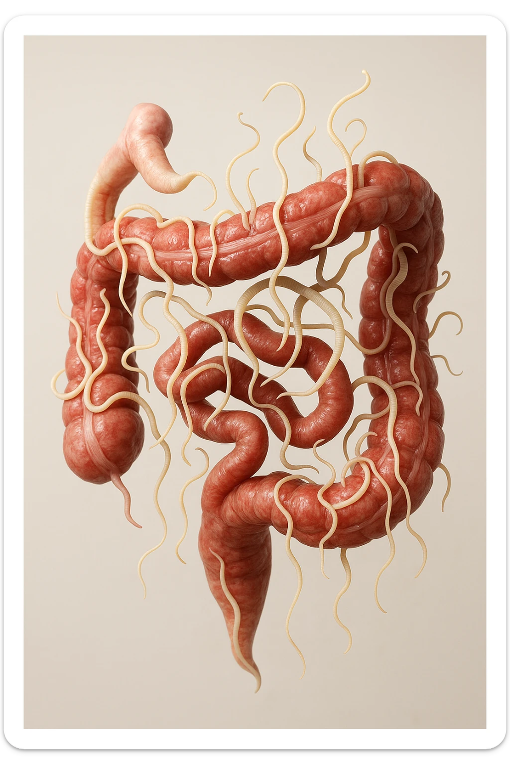 INTESTINO UMANO ANATOMICO REALISTICO FLUTTUA IN ARIA INSIEME A PARASSITI COME LA TENIA, SFONDO CHIARO, iperrealistico 4k sticker
