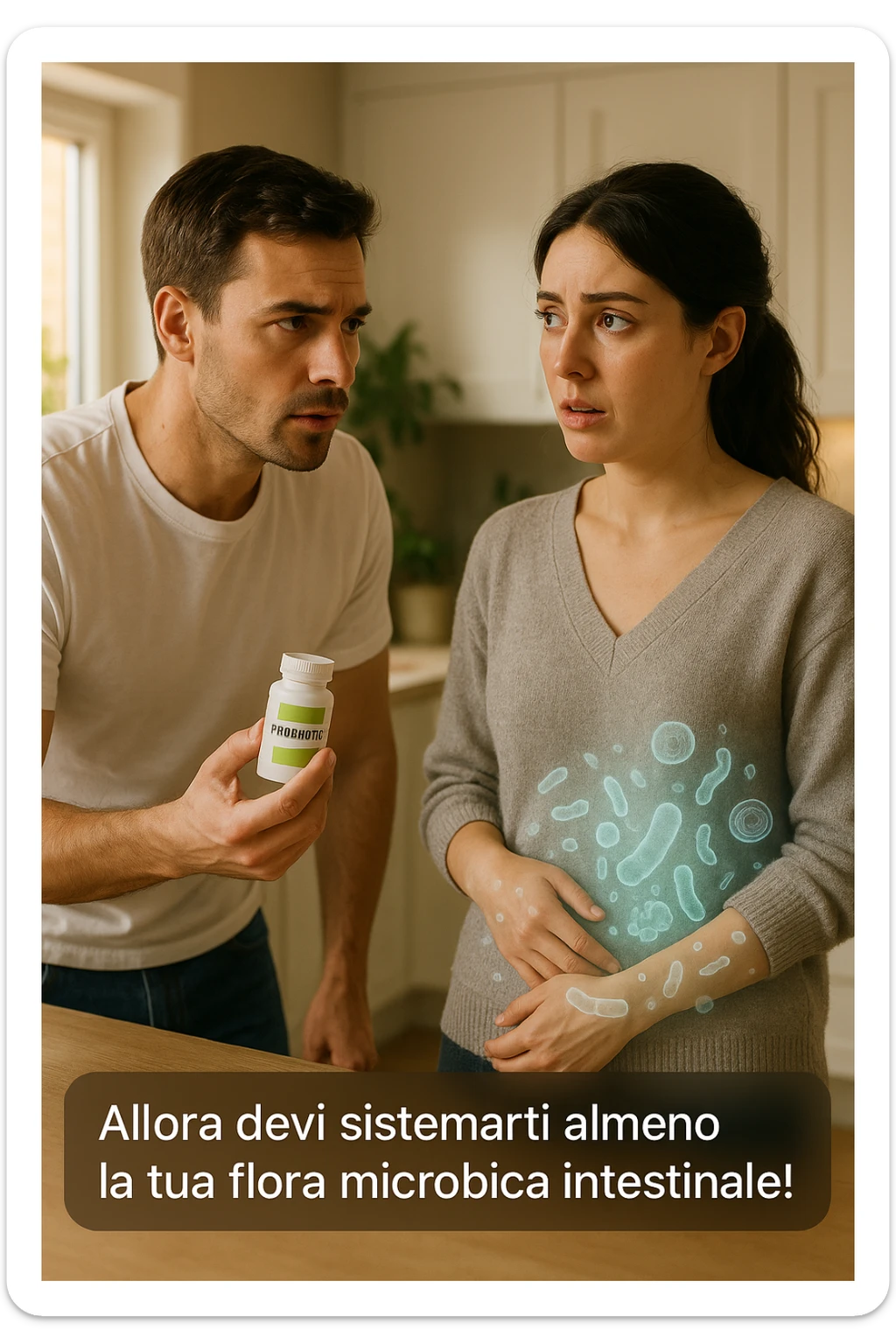A hyper-realistic, cinematic photo of a young couple in their early 30s having a tense but calmer discussion in a bright modern kitchen. The man, fit, wearing a plain white T-shirt, holds a small probiotic supplement bottle in one hand, leaning slightly forward with a concerned yet firm expression, saying: 'Allora devi sistemarti almeno la tua flora microbica intestinale!' The woman, with dark hair in a loose ponytail, wearing a comfortable home sweater, stands with arms partially crossed, looking at him with a doubtful and confused expression, eyebrows slightly raised, lips parted as if about to respond but uncertain. Around them, faint translucent overlays of microscopic gut flora and bacteria symbols swirl softly near the woman’s abdomen, symbolizing the issue of her imbalanced gut microbiome. The kitchen is bathed in warm natural light, with green plants adding a sense of health and life, while the couple remains in sharp focus. The color palette is warm, with soft shadows and shallow depth of field highlighting the emotional tension yet care in the conversation, visually representing the discussion about gut health within the relationship sticker