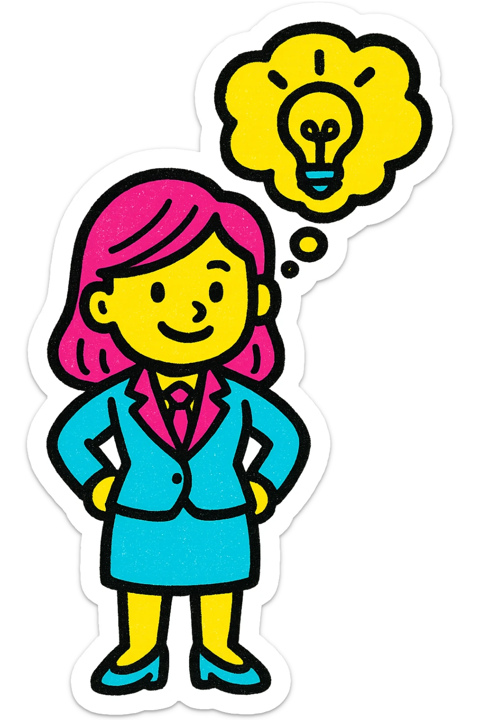 businesswoman in a suit standing with a thought bubble containing a lightbulb, flat color illustration, bold and simple shapes sticker