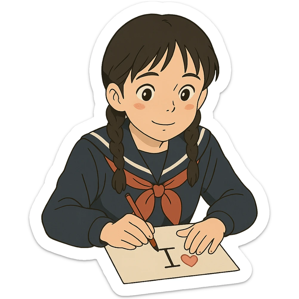 Kazakh girl in Korean school uniform, drawing a T with a heart on paper in ghibli style sticker