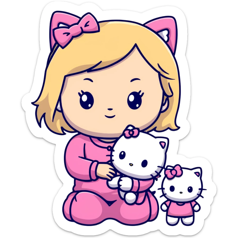 Blonde girl wearing pink Hello Kitty pajamas with two ragdoll cats sticker