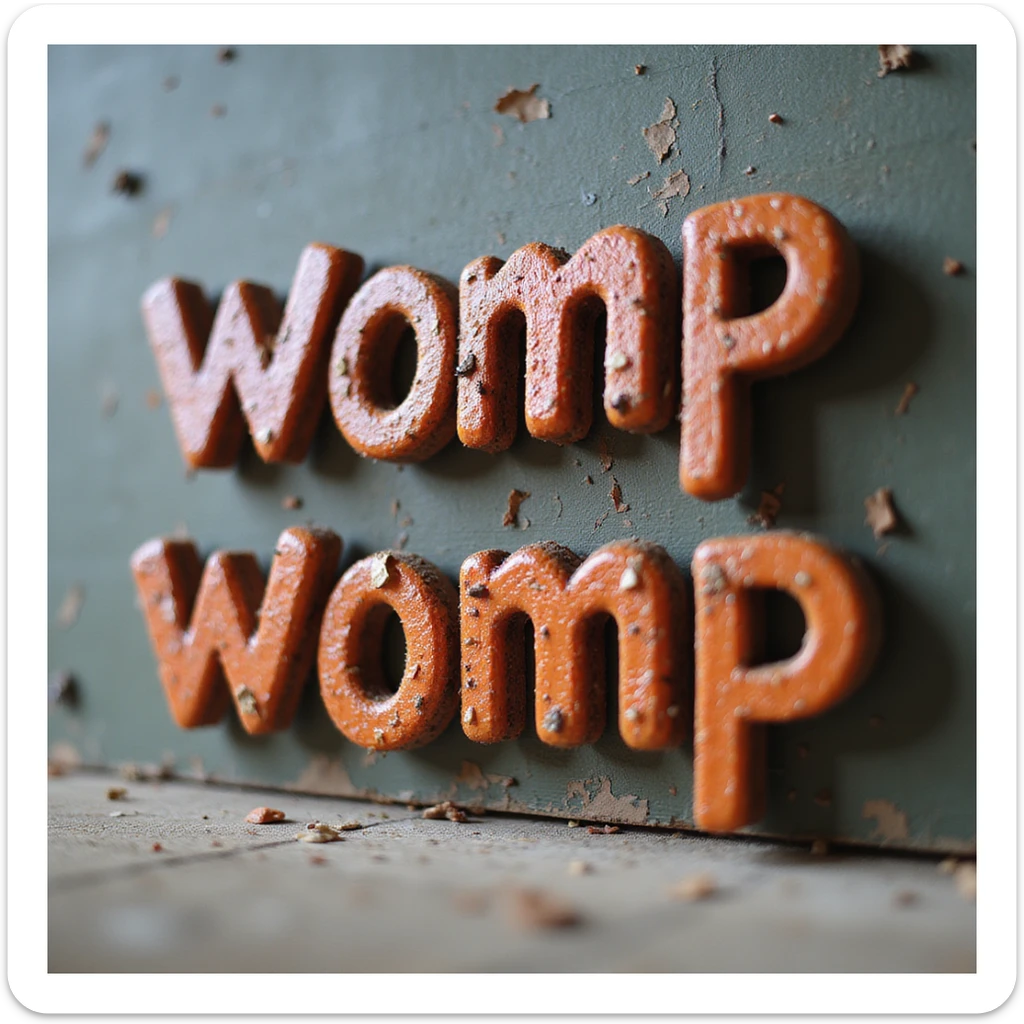 the words 'womp womp' in a realistic, photorealistic style, as if made from real physical materials, with natural lighting and subtle shadows, no cartoon effects sticker