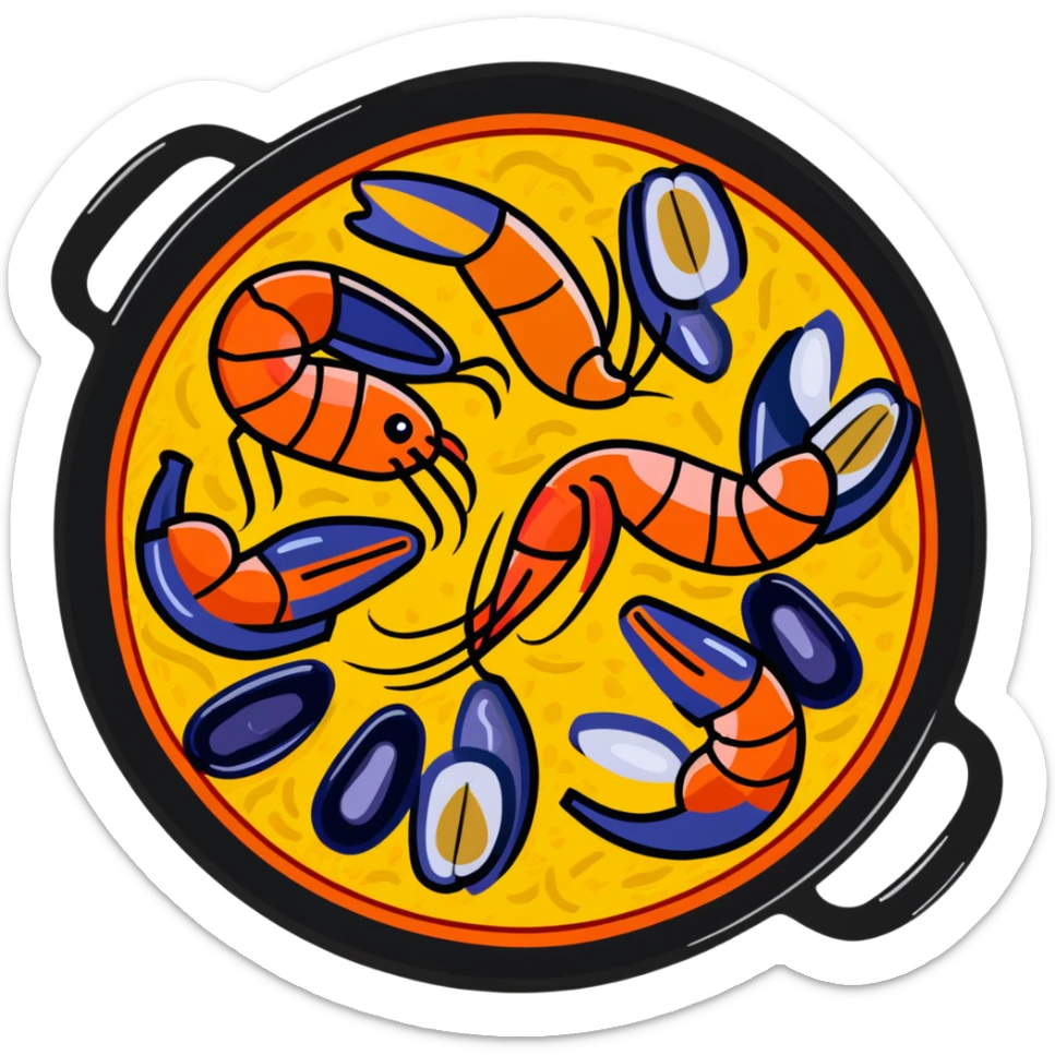 delicious seafood paella with prawns, mussels, and yellow rice in a traditional paella pan sticker