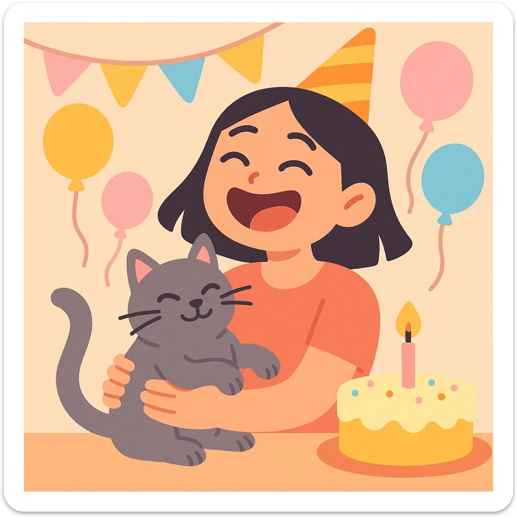 asian girl laughing, holding a grey cat, birthday party, pastel toon style sticker