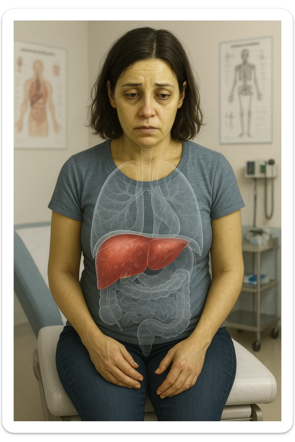 a woman in her 30s sits on a doctor’s examination table, her skin slightly yellowish (jaundice) and her expression tired. A transparent anatomical overlay highlights her liver, which appears enlarged and inflamed with a reddish, congested look. Subtle visual cues—such as dark circles under her eyes and a bloated abdomen—emphasize the symptoms of liver overload and toxicity. The background is a clinical setting, with medical charts and equipment. sticker