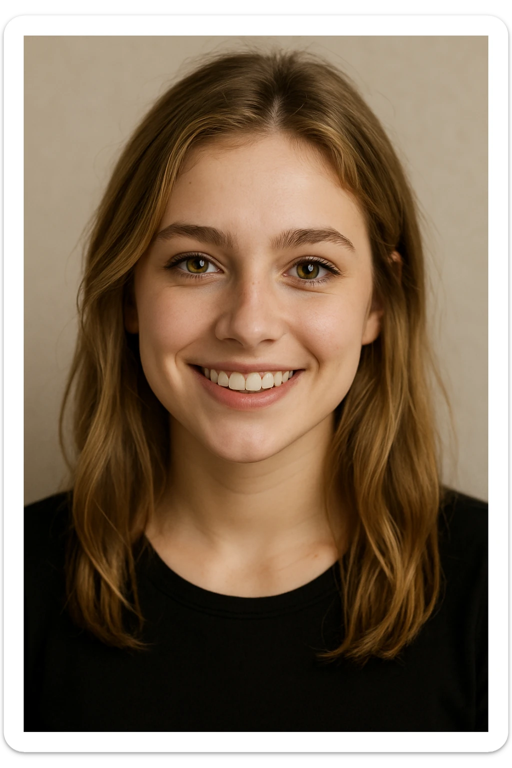 a white girl with dirty blond hair, hazel eyes, wearing a black top, smiling, neutral background sticker