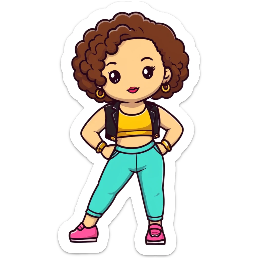 Full body teenage girl with curly brown hair, heavy makeup, big lips, crop top, gold jewelry and flashy choni style outfit sticker