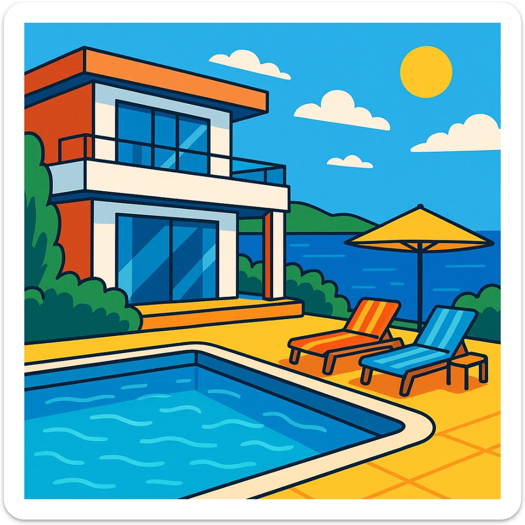 modern Bodrum villa with swimming pool, sun loungers, and sea view, vibrant toon style sticker