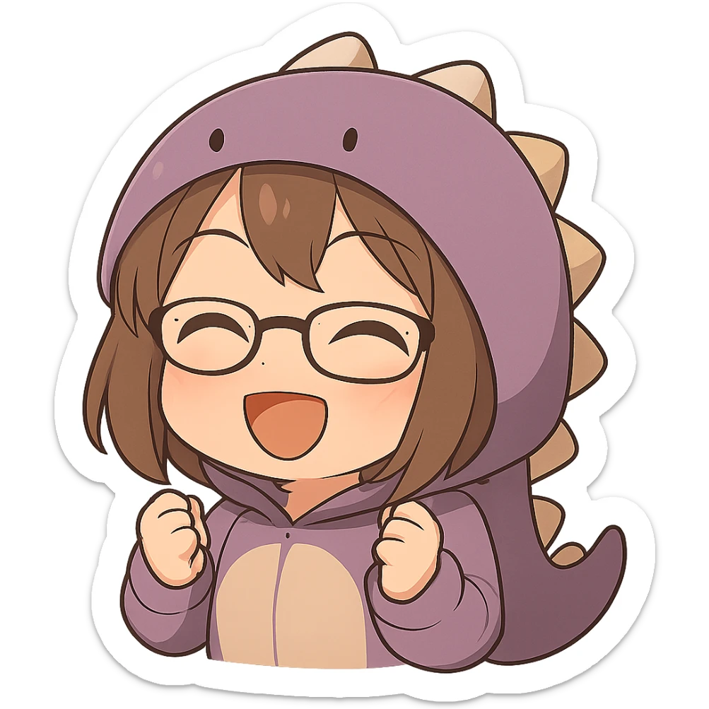 Chibi anime style gamer girl with glasses, brown hair, dark purple eyes, wearing a purple dinosaur costume, making a happy emote, no controller, same style as reference, with no background sticker