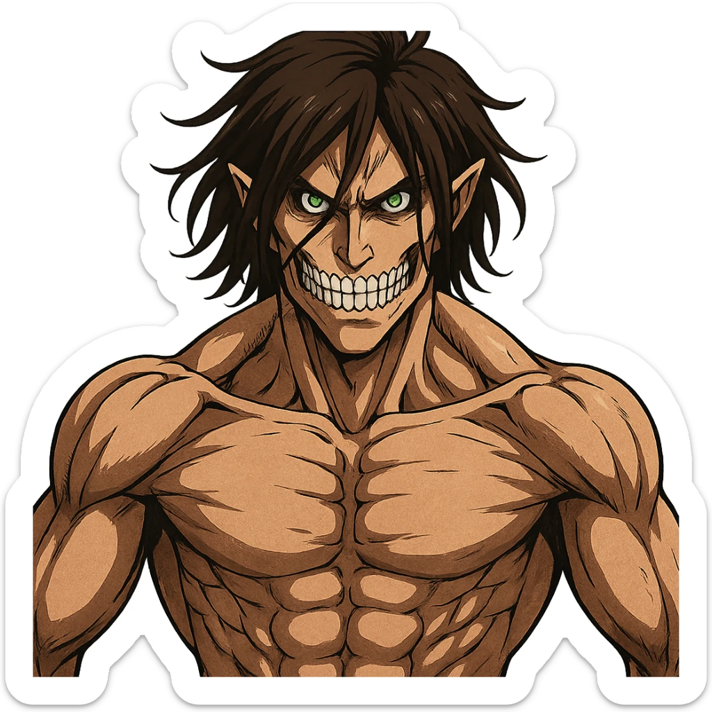 Eren Jaeger in Titan form, muscular, intense expression, wild hair, anime style sticker