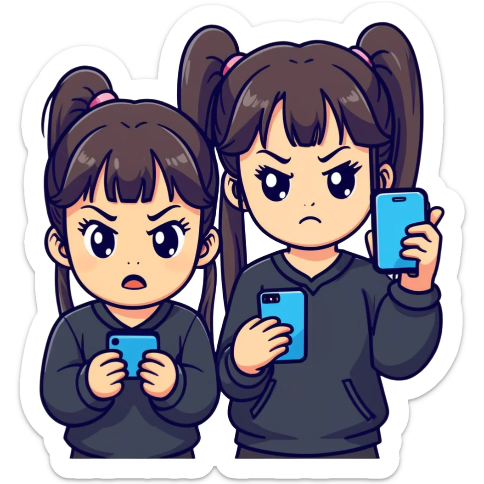 minimal, bold, expressive emoji-style of cute girl with long twin ponytails and straight bangs, dark clothes, angry face with furrowed brows and puffed cheeks, holding phone tightly, floating phone screen showing two smiling characters, making her jealous, simple pink background sticker