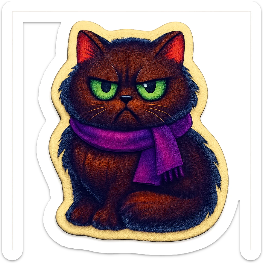 Fluffy grumpy cute dark-brown cat with green eyes and a purple scarf sticker