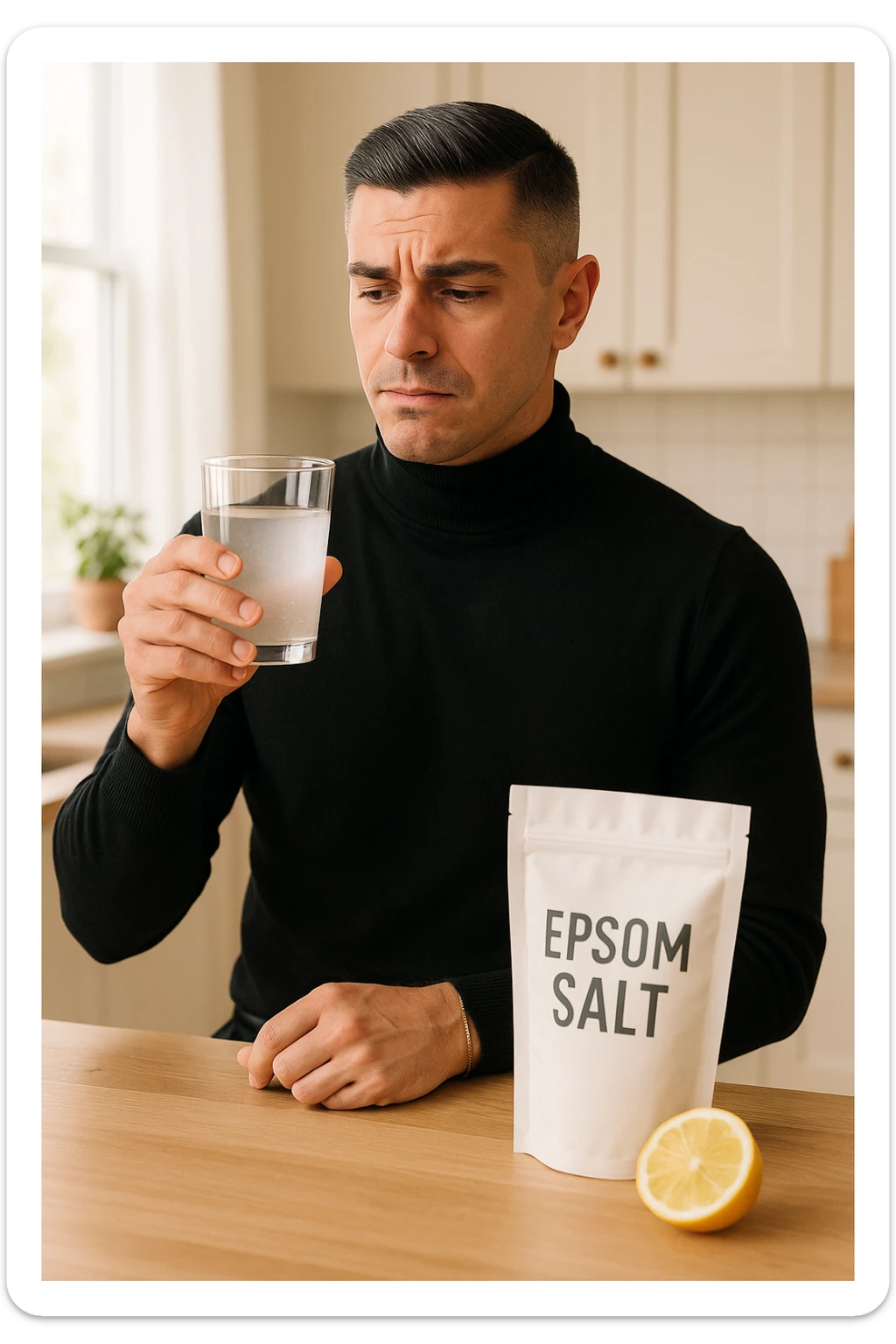 A realistic, bright photo-style image of a young man in his 30s standing in his kitchen, holding a clear glass filled with water in which Epsom salt (magnesium sulfate) has been dissolved. He looks focused but slightly uncertain as he prepares to drink it for a liver flush or digestive cleanse. The glass shows slight cloudiness from the dissolved salt. On the counter are a packet labeled 'Epsom Salt' and a sliced lemon, suggesting he might use it to mask the taste. The setting is clean, natural, and bright with neutral tones. The background shows sunlight streaming through a window, emphasizing a clean, minimalist health-focused environment. The mood conveys a realistic, calm moment of self-care with a hint of discomfort, illustrating a natural detox practice sticker