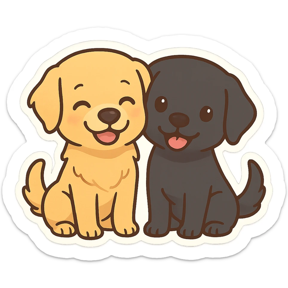 two animated dogs together, a golden retriever and a black labrador, cheerful and friendly style sticker