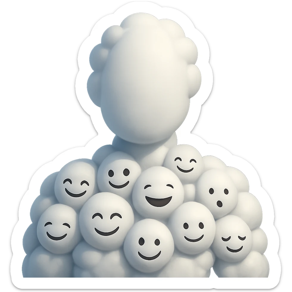 faceless human figure composed entirely of 3D emoji clouds, volumetric, white, soft clouds, shoulder-up view, front-facing, realistic lighting and shadows, 3D emoji style sticker