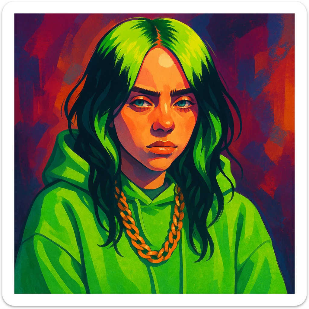 stylized portrait of Billie Eilish with green hair, oversized clothing, moody expression, pop star vibe sticker