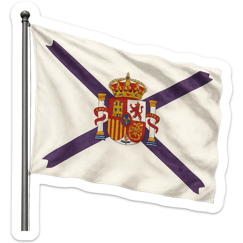 realistic illustration of the bandera de la hispanidad, white flag with purple cross and detailed coat of arms in the center, transparent background sticker