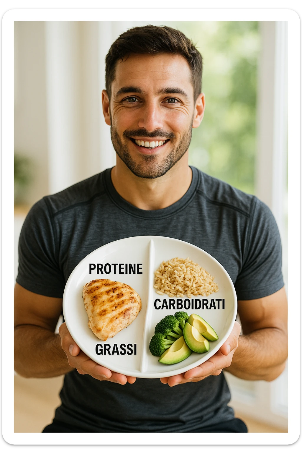 uomo che fa alimentazione attraverso i giusti macronutrienti. Scritte in ITALIANO immagine 4k realistica sticker