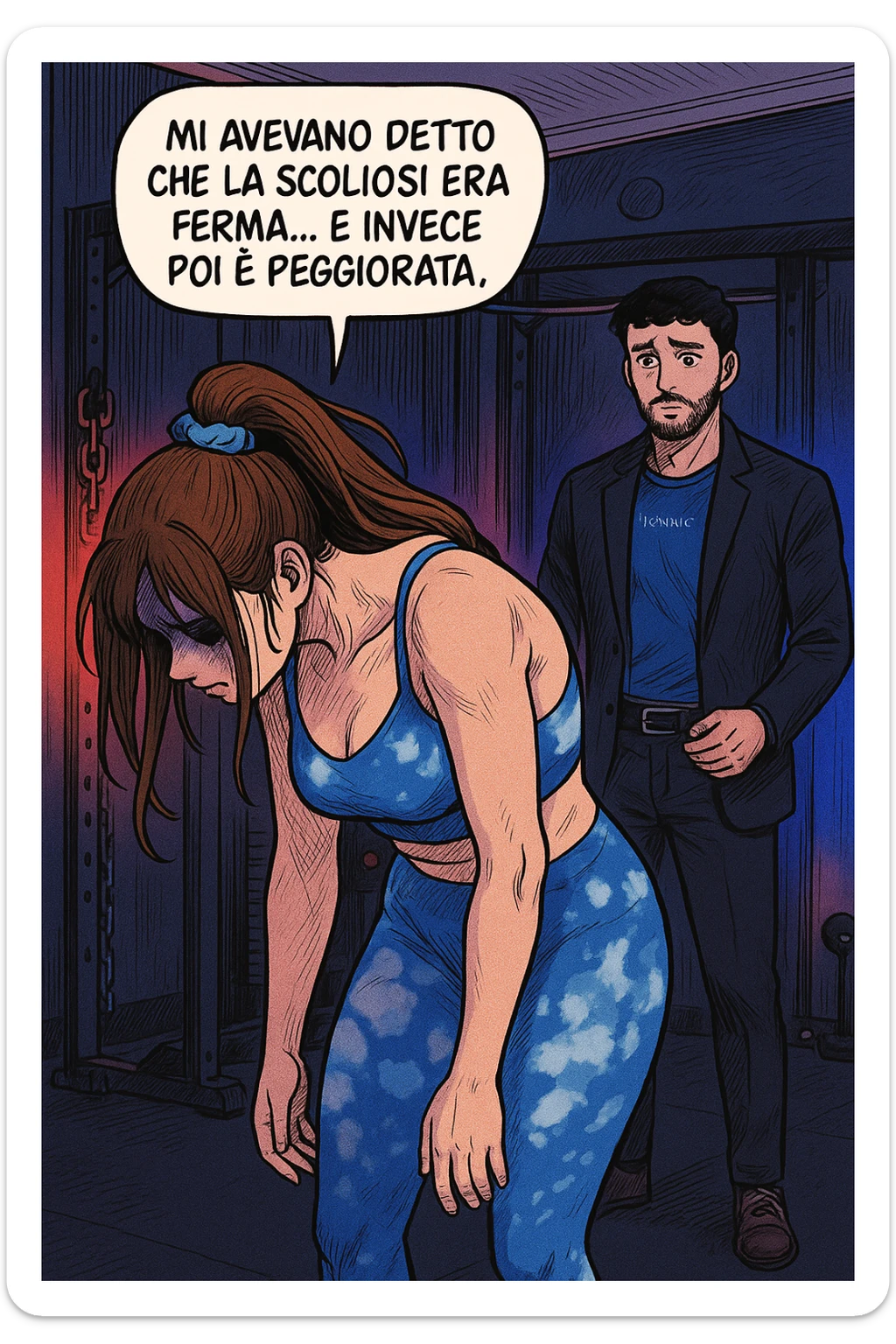 fai questa immagine in versione fumetto/manga/webtoon a colori, il manga mostra la donna disperata con un fumetto sulla testa che dice:
Mi avevano detto che la scoliosi era ferma… e invece poi è peggiorata.
 sticker