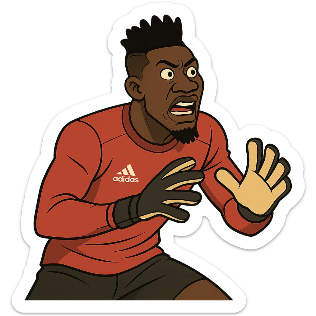 André Onana, football goalkeeper, cartoon style, wearing a goalkeeper jersey and gloves, expressive face, dynamic pose sticker