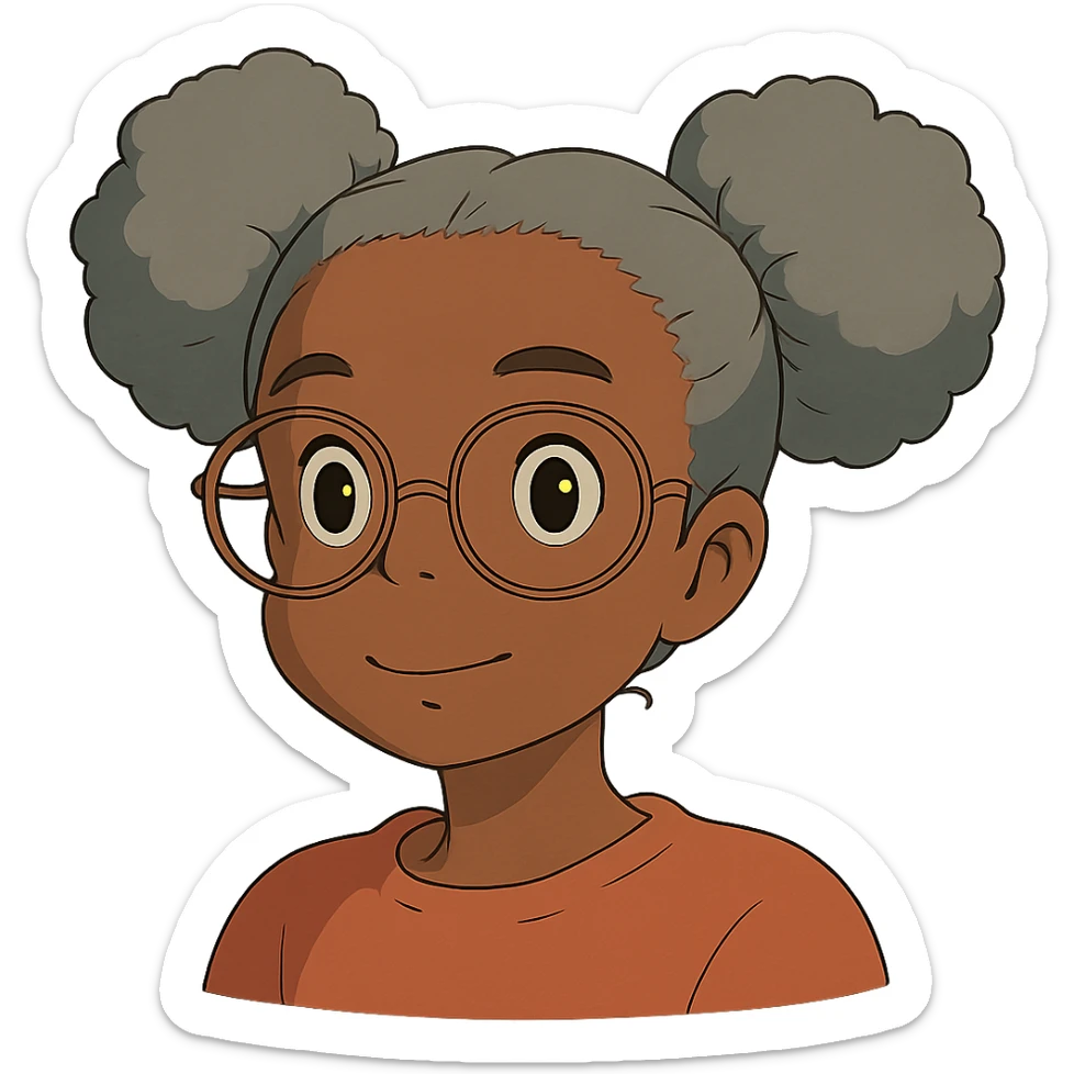 african american girl head with oversize glasses and gray hair in bunches, ghibli style sticker