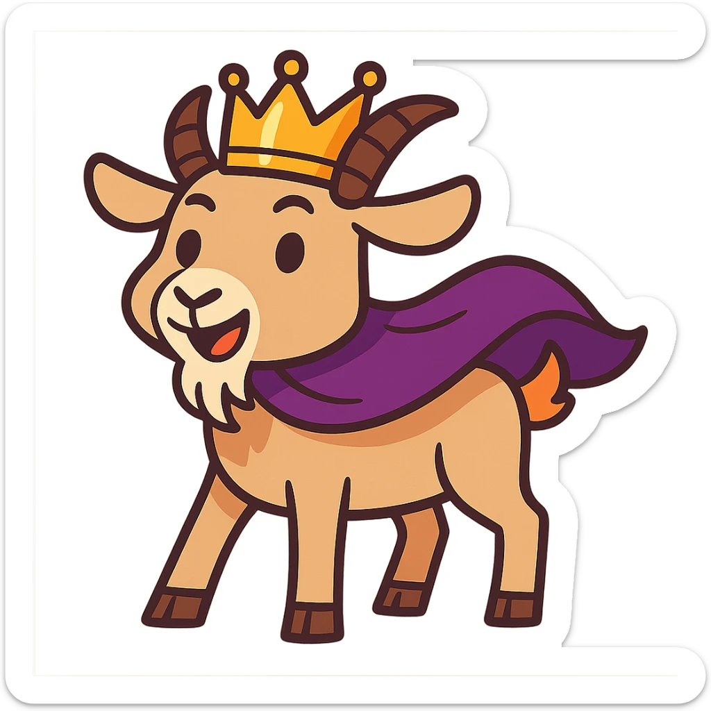 cartoon goat with a shiny gold crown and flowing purple cape, majestic and playful sticker