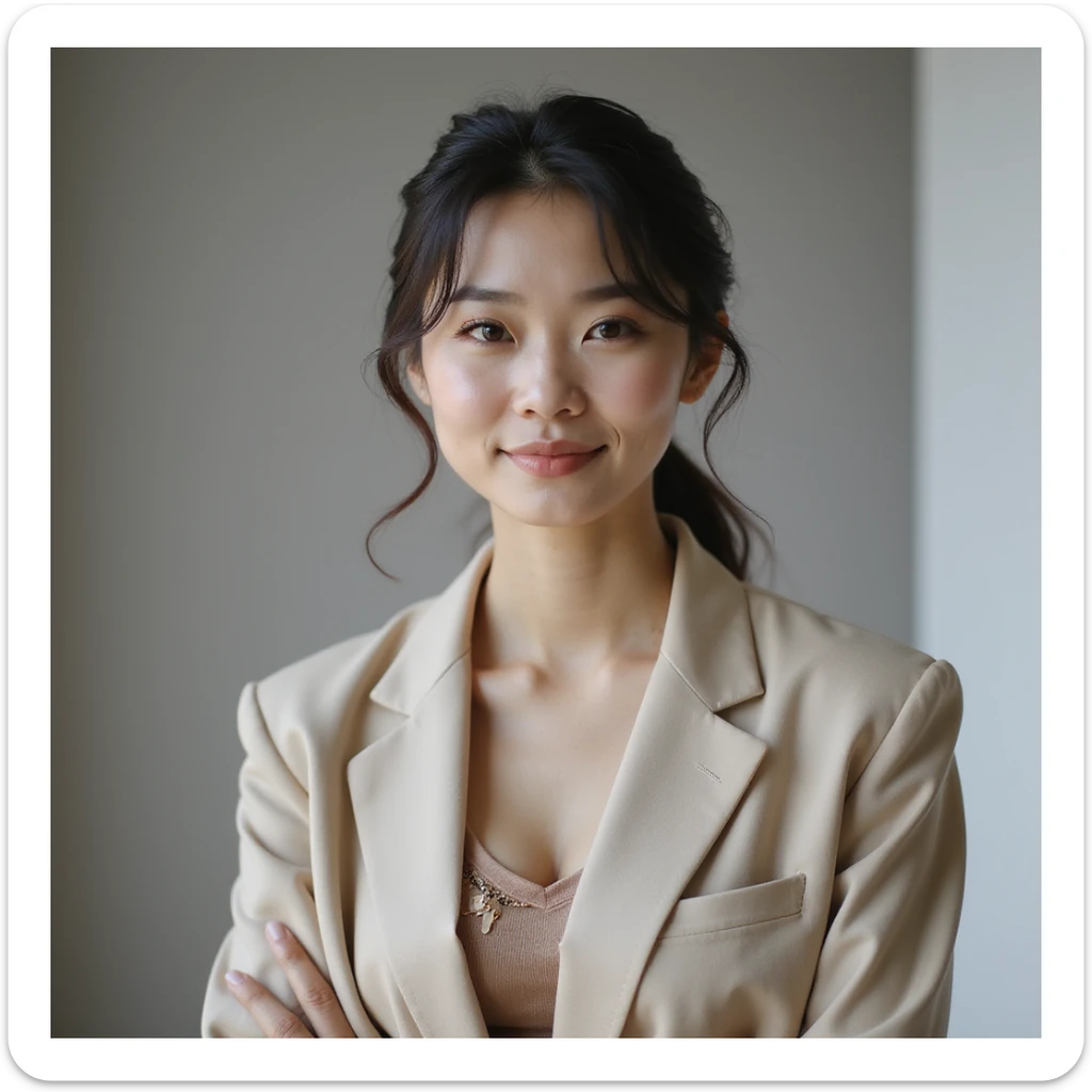 photorealistic upper-body portrait of a chic Korean woman, 25-35, sophisticated gentle expression, elegant casual attire, enjoys high-quality home café experiences, values artisanal desserts, neutral background sticker