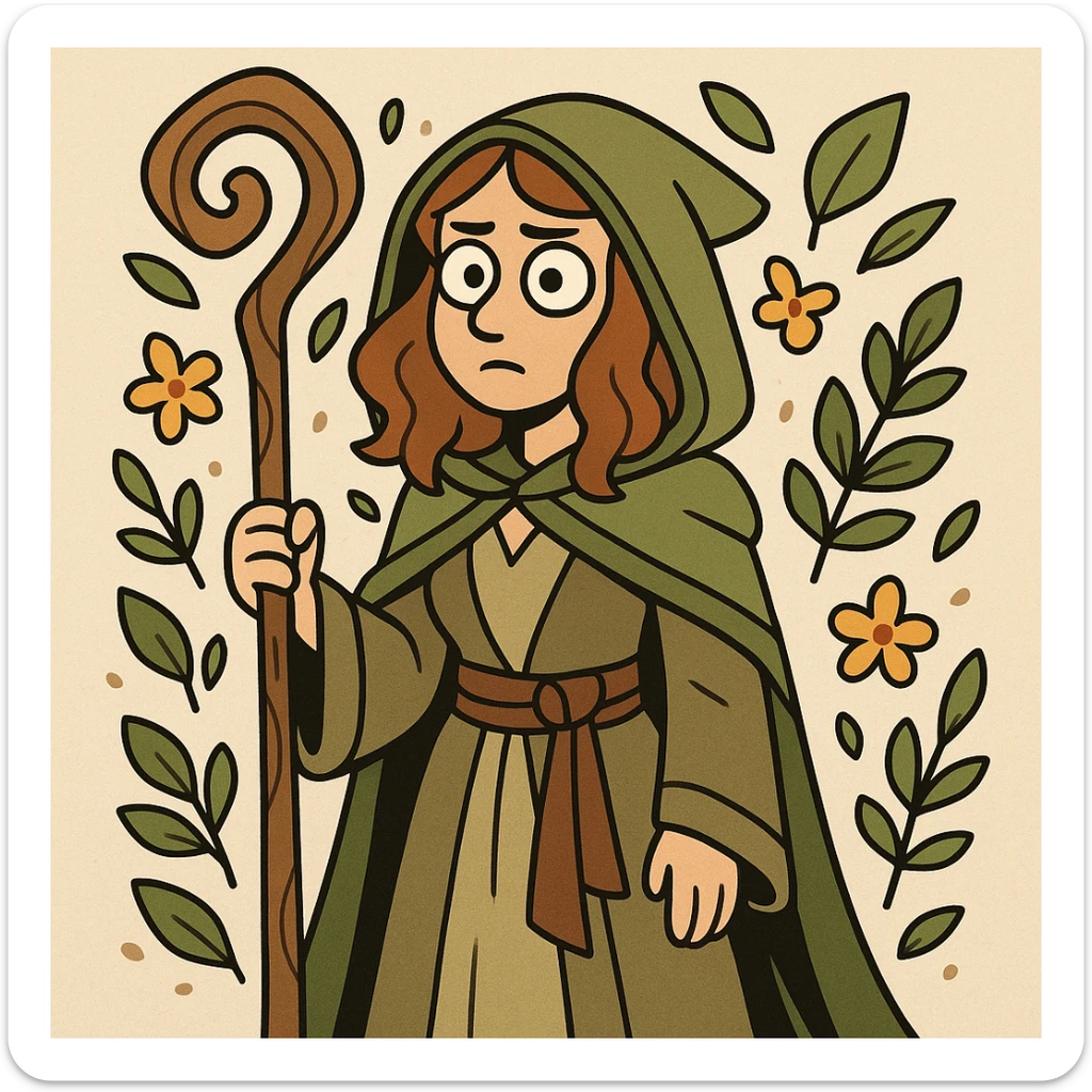 female druid character, cartoon style, wearing nature-inspired robes, holding a staff, surrounded by leaves and flowers sticker