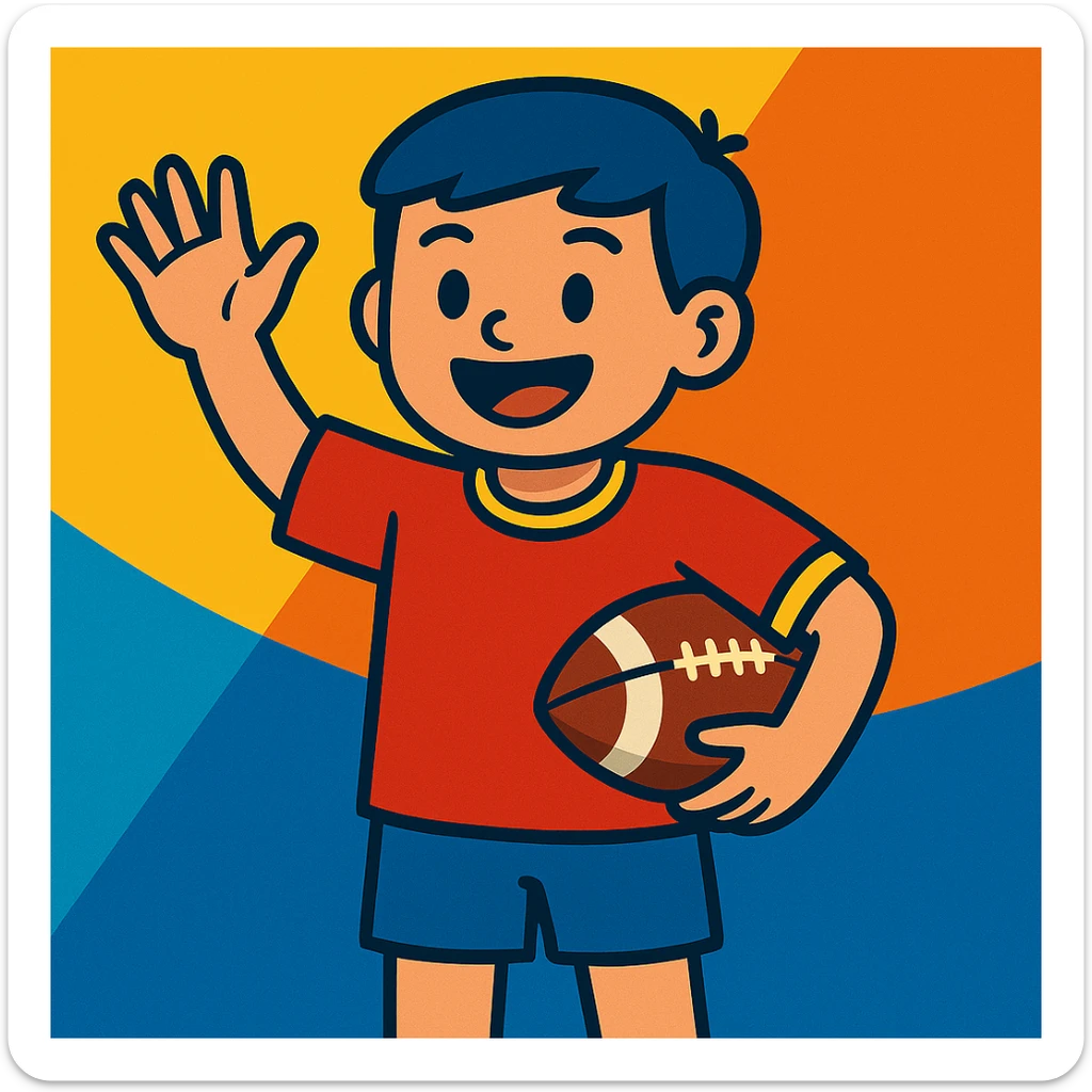 A vibrant toon style image of a teenage boy waving and holding a football, inviting a friend. sticker